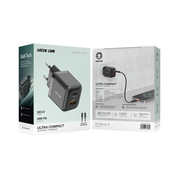 Green Lion Ultra Compact GaN Wall Charger EU Pin A+C 20W with C to L Cable | GNWPQEUCTLBK
