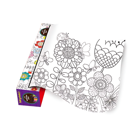 Flowers & Butterflies Jumbo Coloring Roll with 12 Pencils | J202