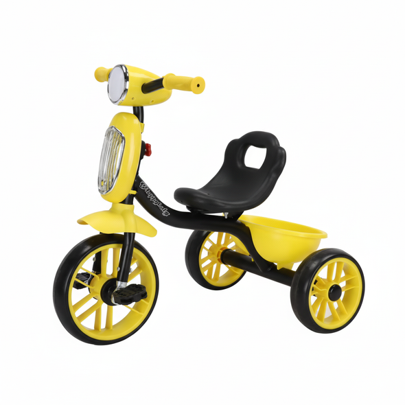 Kids Ride-On Tricycle with LED Front Light & Rear Basket - Yellow | 623/Y