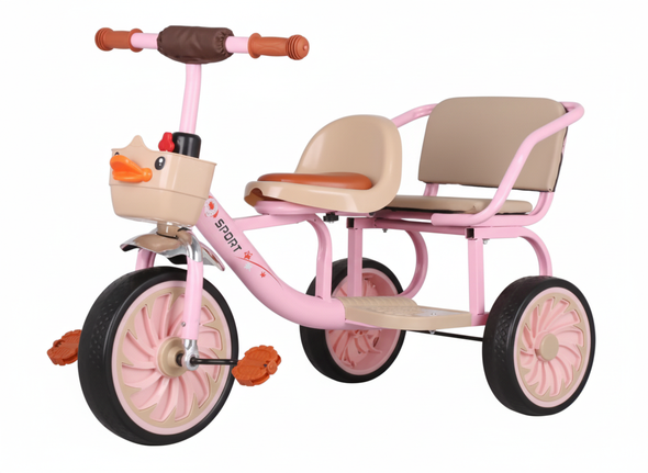 Kids Dual Seat Tricycle with Duck Basket, Pedals & Backrest - Pink | 668B/P