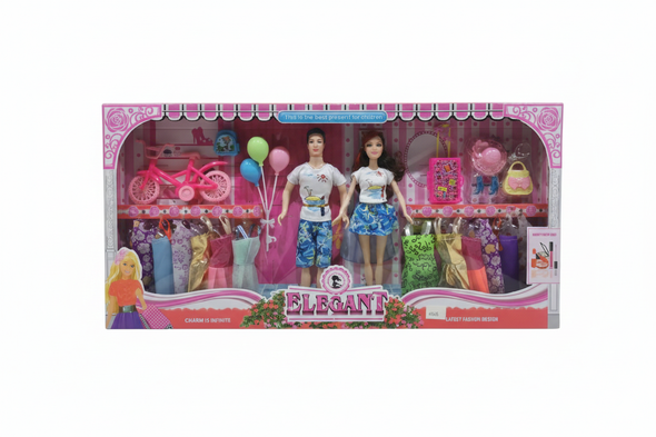 Elegant Fashion Doll Playset - Couple Dolls with Dresses, Bicycle & Accessories | 055B