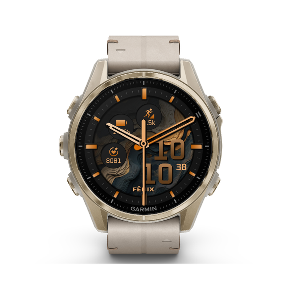 Garmin Fenix 8 Smart Watch - 43 mm, AMOLED - Sapphire, Soft Gold with Limestone Leather Band | 010-02903-40