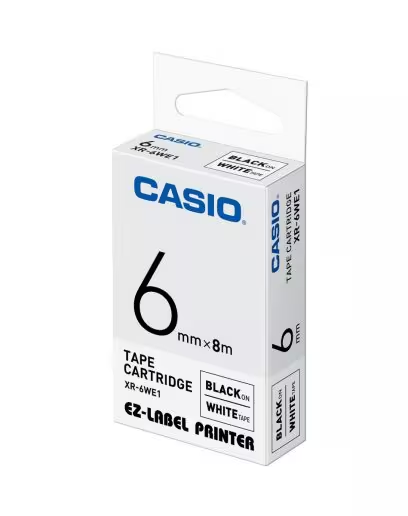 Casio XR-6WE1 6mm black on white label tape cassette cartridge for KL series printers