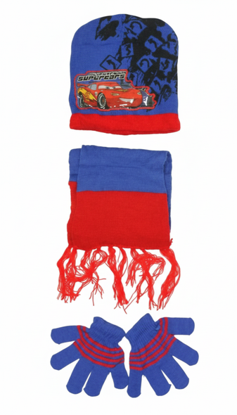 Kids Winter Set - Hat, Scarf & Gloves - Blue & Red Cars Racing Design | AL1892