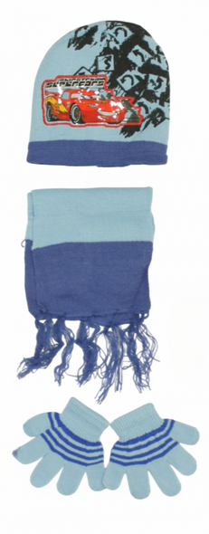 Kids Winter Set - Hat, Scarf & Gloves - Light Blue Cars Racing Design | AL1892