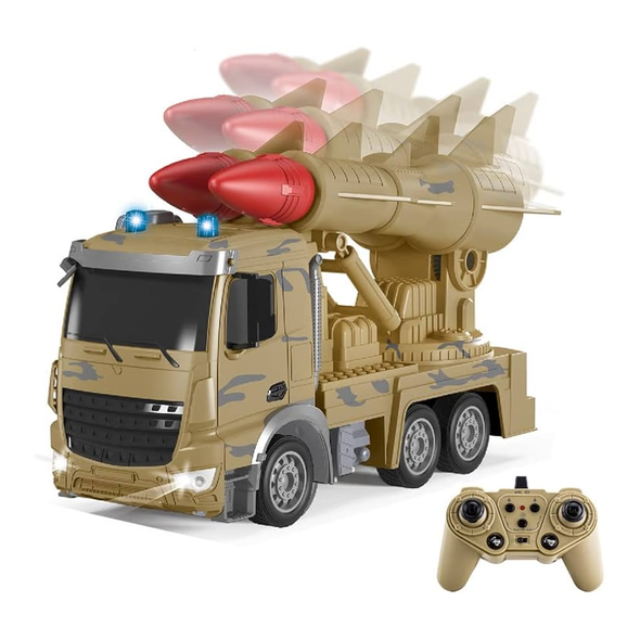 World of Toys RC Military Missile Truck 1:24 with Rotating Launcher, Lights & Sound - Brown | HT111 / HT1110