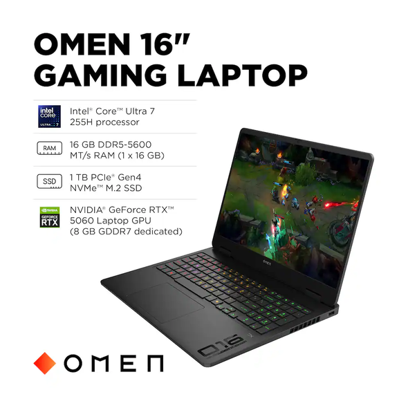HP OMEN 16 Gaming Laptop - 16" QHD Display - Intel Core Ultra 7 255H - 16GB RAM - 1TB SSD - NVIDIA GeForce RTX 5060 | 16-am0073dx