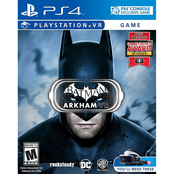 Batman Arkham VR PS4 PSVR game disc cover Batman cowl Gotham City Batcave