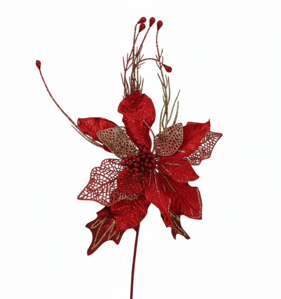 Decorative Red Flower & Leaf Christmas Pick | 10072