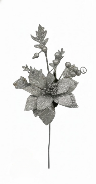 Decorative Silver Flower & Berry Christmas Pick | 10073