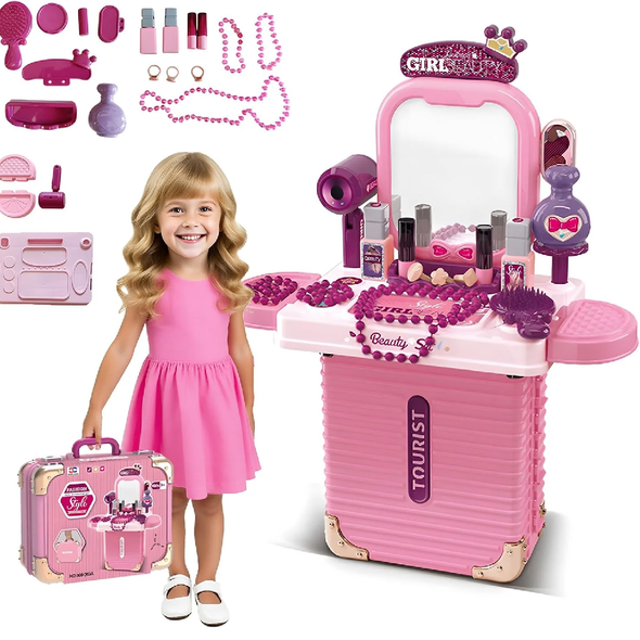 Kids Girl Beauty Makeup Playset with Suitcase Trolley – Pink | 008-303
