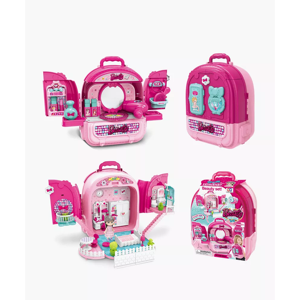 Kids Beauty Playset Backpack with Vanity & Doll House – Pink | 008-993