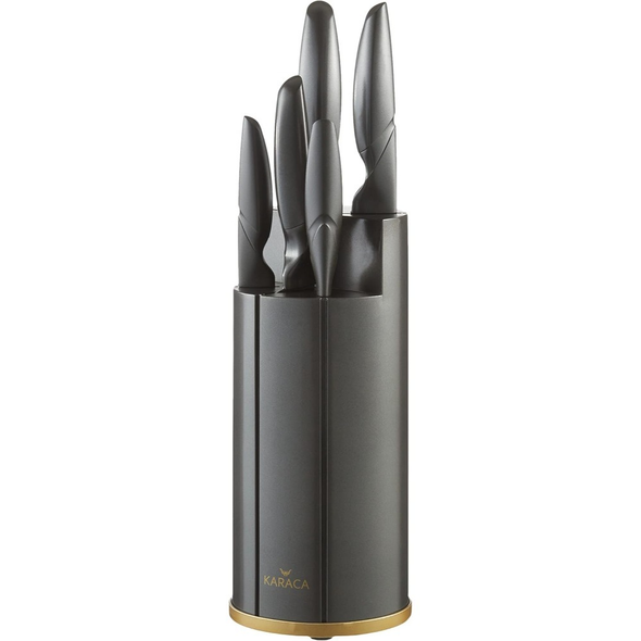Karaca Retro Anthracite 6-Piece Knife Set with Special Wooden Stand | 153.03.06.1743