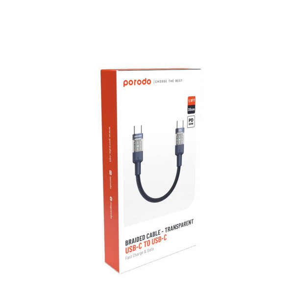 Porodo Braided Cable Transparent USB-C To USB-C Fast Charge & Data 35cm - Black | PD-60WCCTH-BK