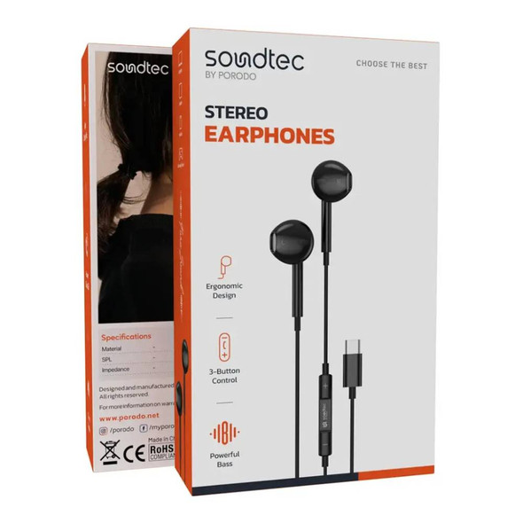 Porodo Soundtec Type-C Stereo Earphone - Black | PD-STCEP-BK