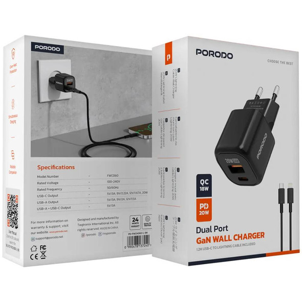 Porodo Dual Port Wall Charger with Cable (Lightning) - Black | PD-FWCH060-L-BK
