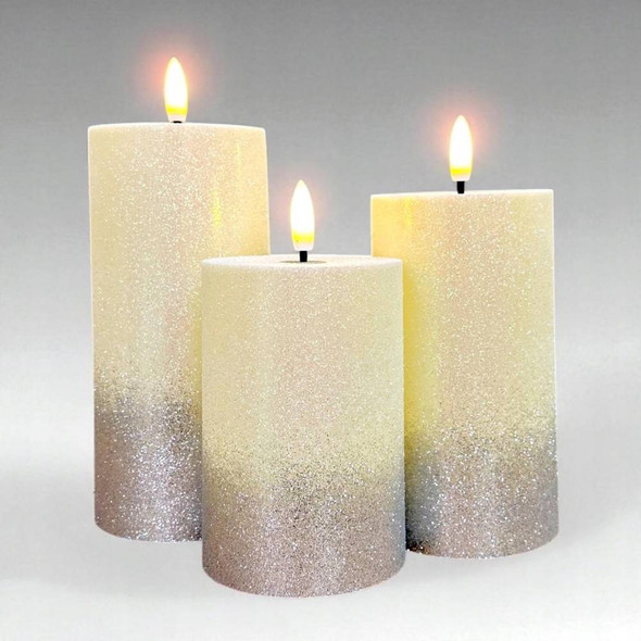 White & Silver Glitter LED Pillar Candle Set | 7125-12