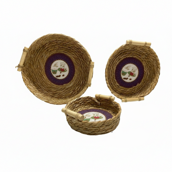 Ramadan Handcrafted Woven Basket Set with Bamboo Handles – Islamic Tea Motif (20cm / 25cm / 30cm) | 1030-20