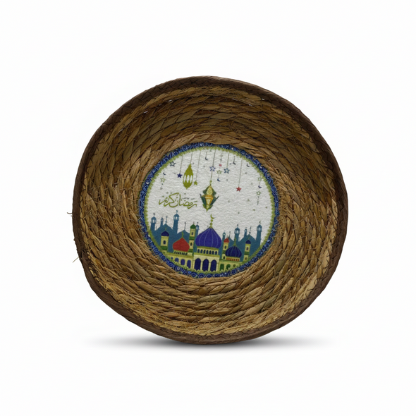 Ramadan Decorative Round Woven Basket – 25 cm, Islamic Mosque Design | 1030-27
