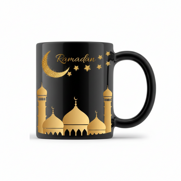 Ramadan Black Ceramic Mug – Gold Mosque Skyline & Crescent Design | 7161-37