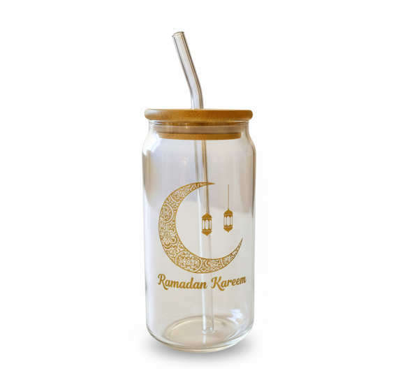 Ramadan Glass Tumbler with Bamboo Lid & Metal Straw – Islamic Calligraphy Design | 7047-62