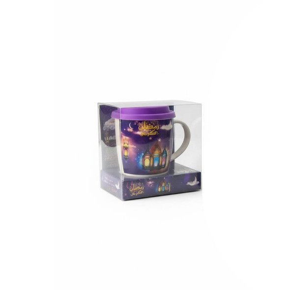 Ramadan Ceramic Mug with Lid – Night Mosque & Lantern Design - Purple | 7161-14/P