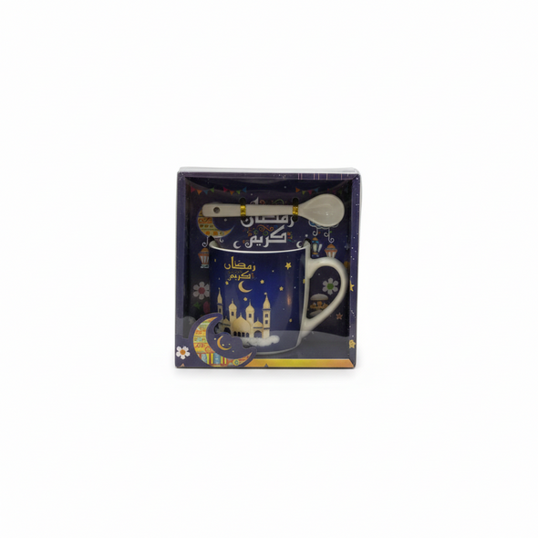Ramadan Kareem Ceramic Mug with Spoon – Night Mosque Design (Gift Box) | 7161-16