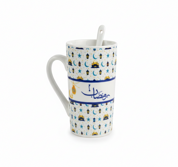 Ramadan Kareem Ceramic Mug with Spoon – Lantern & Mosque Pattern (Blue Gift Box) | 7161-25