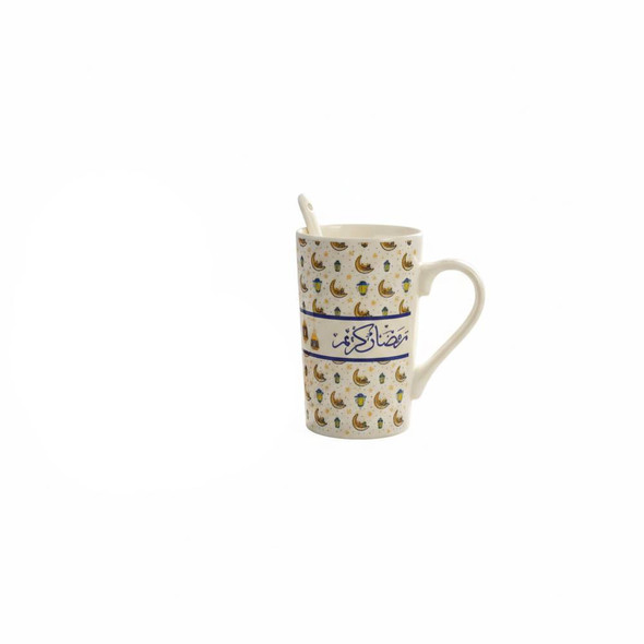 Ramadan Kareem Ceramic Mug with Spoon – Lantern & Crescent Pattern | 7161-26