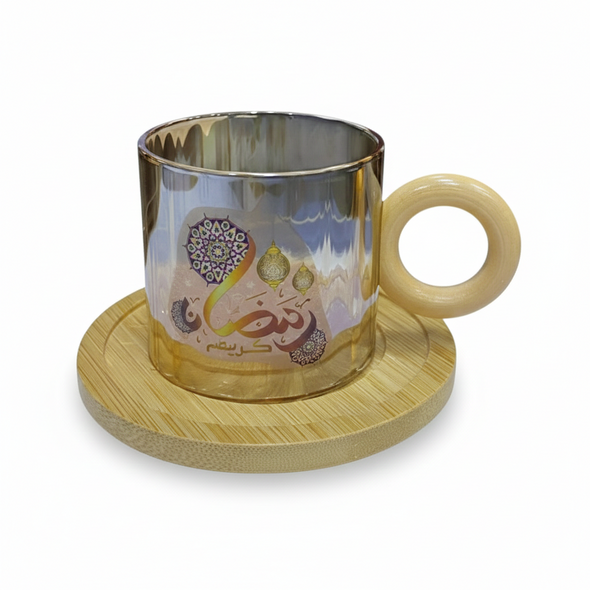 Ramadan Kareem Glass Mug with Saucer – Gold Handle Islamic Design | 7047-3