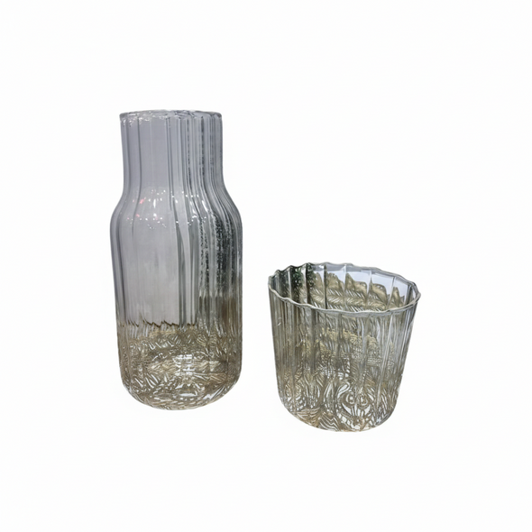 Ribbed Glass Jug with Cup Set – Elegant Clear Drinkware | 7047-19