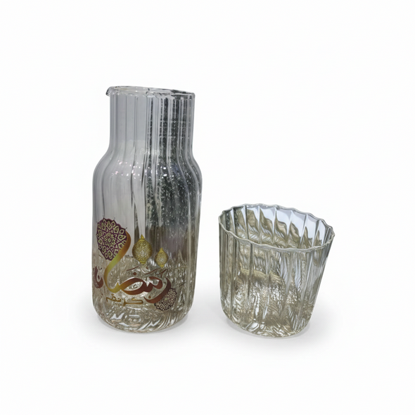 Ramadan Kareem Ribbed Glass Jug with Cup – Islamic Print Drinkware Set | 7047-18