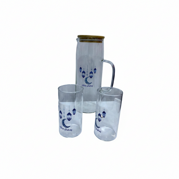 Ramadan Kareem Glass Jug with 2 Cups – Lantern & Moon Design Drinkware Set | 7047-6