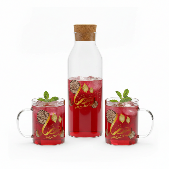 Ramadan Kareem Glass Bottle with 2 Cups – Islamic Lantern Design Drinkware Set | 7047-22