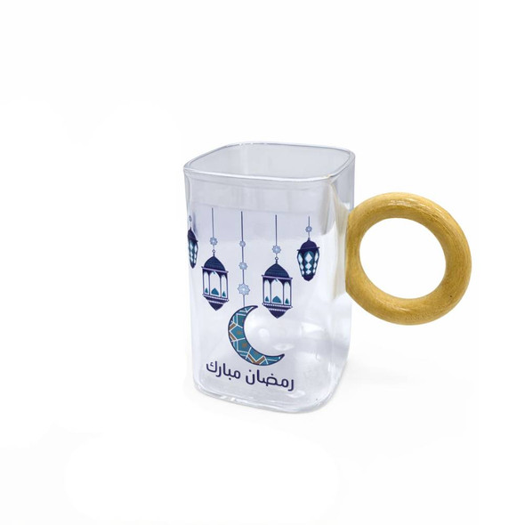 Ramadan Mubarak Glass Mug with Wooden Handle | 7047-8