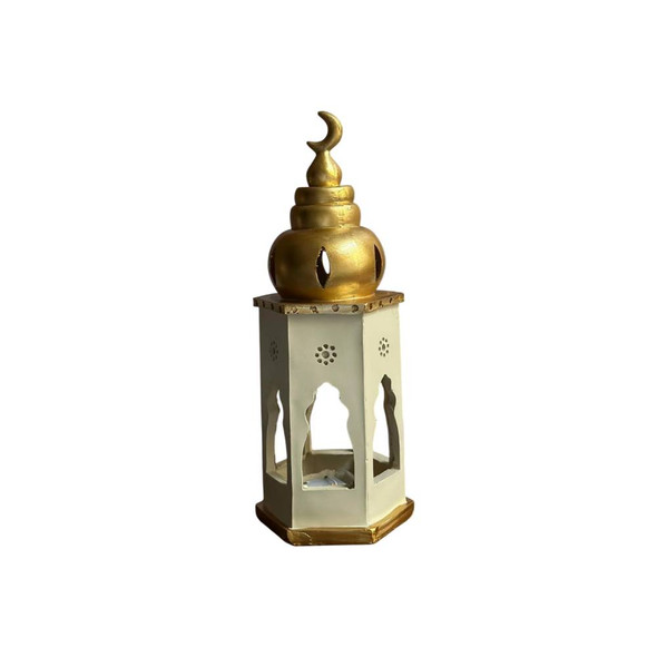 Ramadan Resin Lantern Incense Burner – White & Gold Crescent Design | 2002-87