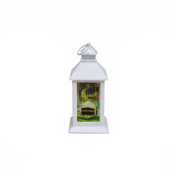 Ramadan LED Lantern with Crescent Moon & Kaaba Artwork – White | 7082-25WA