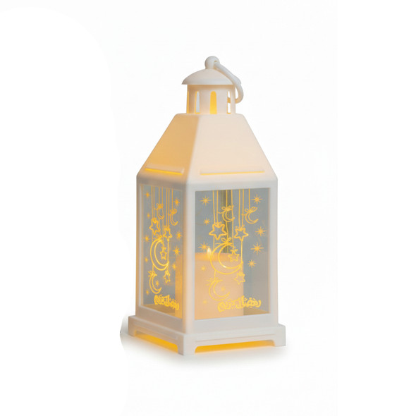 Ramadan Hanging Star & Moon LED Lantern with Glass Panels – White | 7082-32W