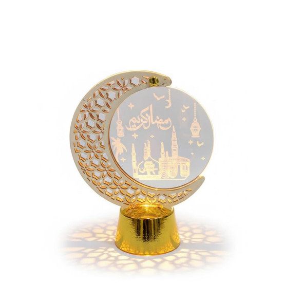 Ramadan Decorative Crescent Moon LED Table Lamp with Mosque Design – Gold | 7082-13
