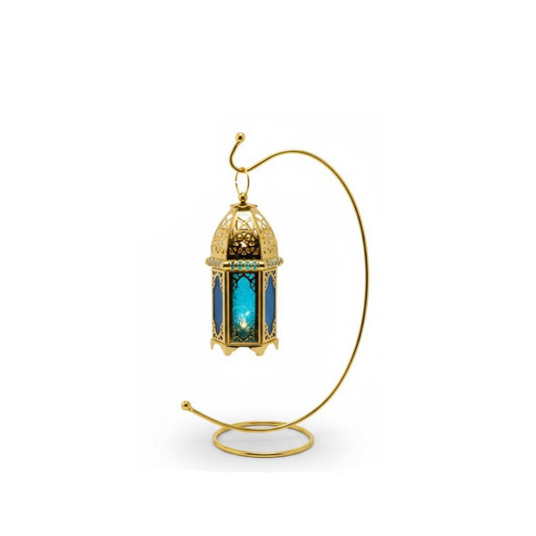 Ramadan Hanging LED Lantern with Curved Gold Stand & Blue Glass | 7138-59