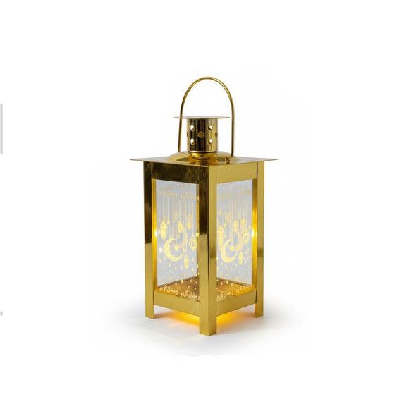 Ramadan Tall Gold Metal LED Lantern with Multicolor Glass Panels | 7138-3
