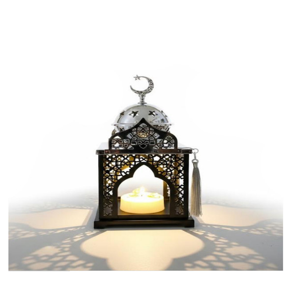 Ramadan Decorative Metal LED Candle Lantern with Crescent Top – Black | 7138-15