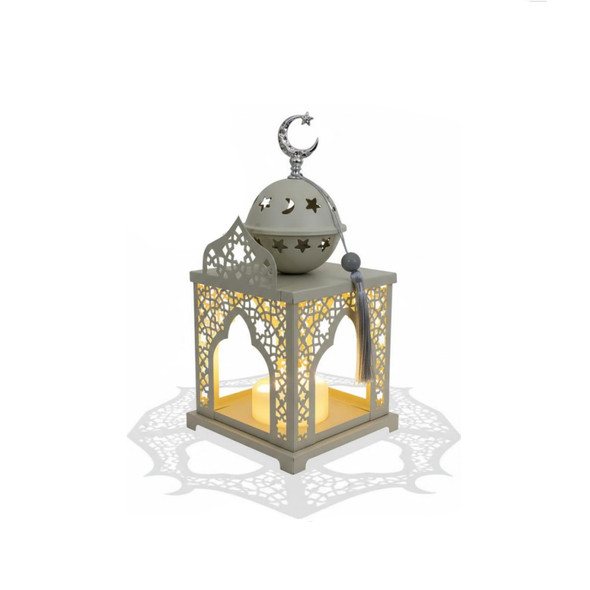 Ramadan Decorative Grey LED Lantern with Crescent Moon & Candle Light | 7138-10