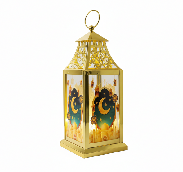 Ramadan Decorative Gold LED Lantern with Crescent Moon & Mosque Artwork | 7138-81