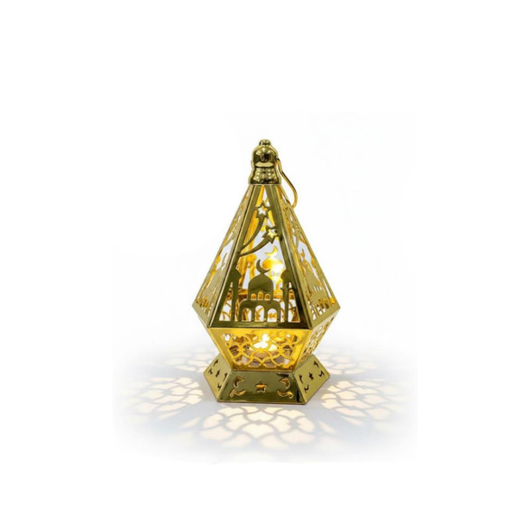 Ramadan Pyramid Shape Gold LED Lantern with Mosque Cutout Design | 7138-9