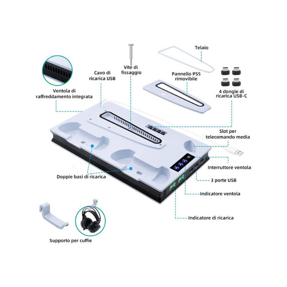 Multifunctional Vertical Stand for PS5 Slim – Cooling Base, PS VR2 Charging Dock & Controller Hanger