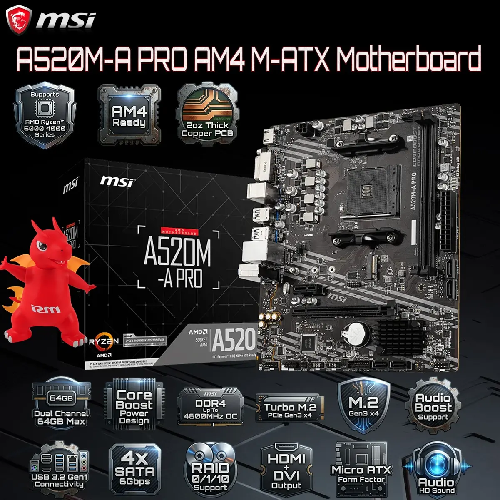 MSI A520M-A PRO AM4 mATX Motherboard AMD Ryzen DDR4 PCIe Gen3 M.2 HDMI DVI