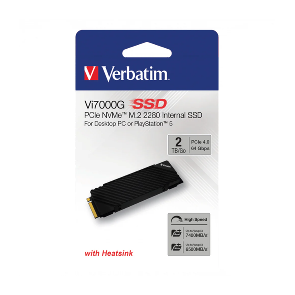 Verbatim Vi7000G 2TB PCIe NVMe M.2 SSD for PS5 | High-Speed Gaming SSD with Heat Sink