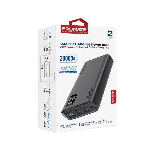 Promate Compact Smart Charging Power Bank 20000mAh 20W PD Black | BOLT-20PD