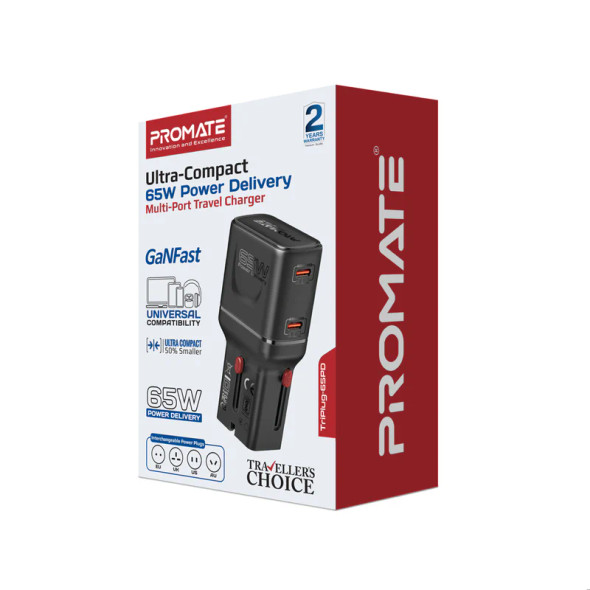 Promate Ultra-Compact 65W Power Delivery Multi-Port Travel Charger | TriPlug-65PD